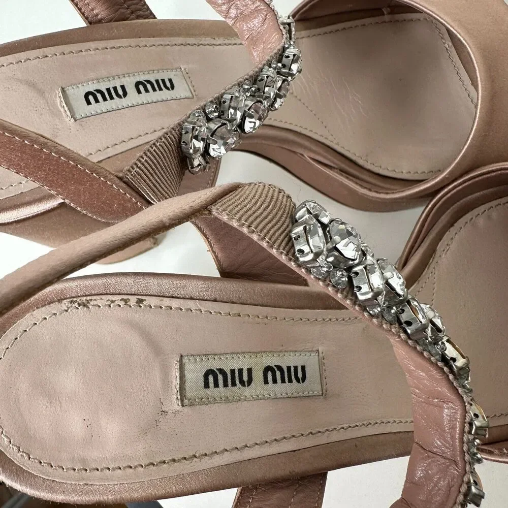 Miu Miu Nude Calzature Donna Satin Crystal Ankle Strap Platform Block Heels 10.5